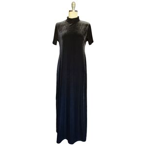 Vtg ‘90s Walter Black Velvet Velveteen Short Sleeve High Neck Maxi Dress Slits L